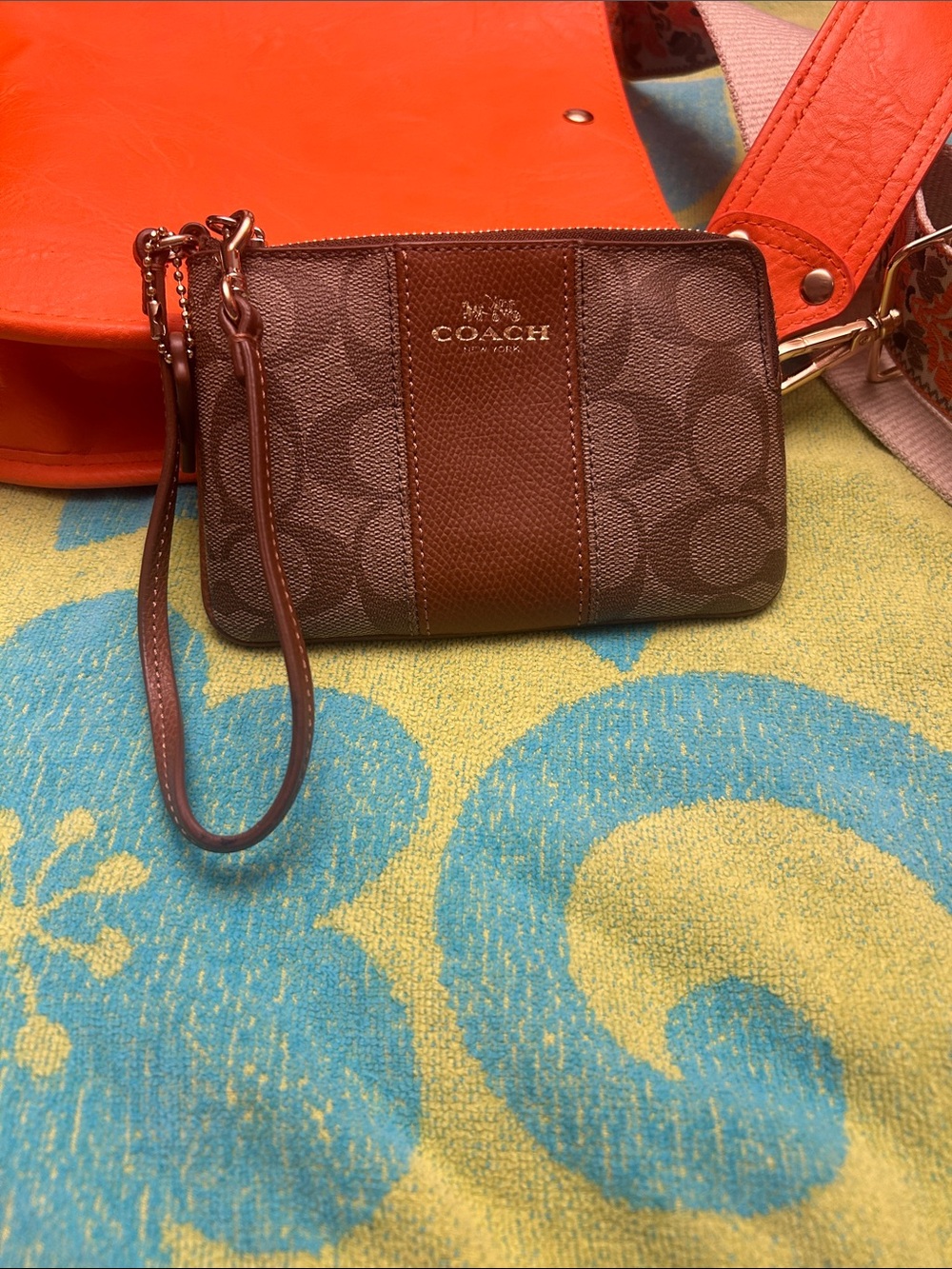 Coach Brown Signature Zip Wristlet with Leather Trim